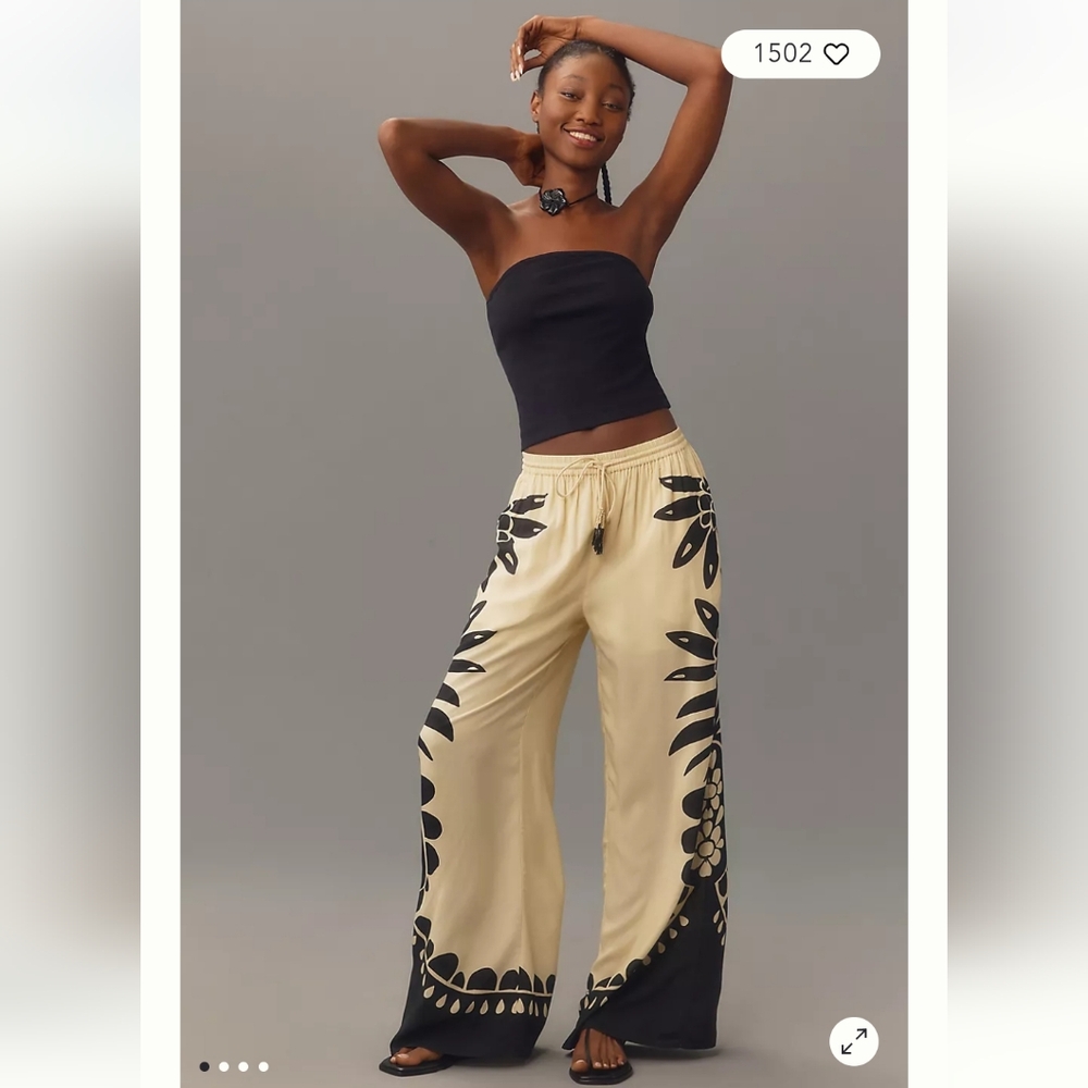 FARM Rio Cream Wide-Leg Palm Print Drawstring Pants
